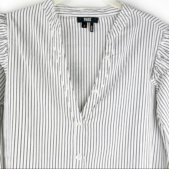 Paige Jenelle Collarless Ruffle Stripe Button Up Shirt Small Corpcore Neutral - Picture 4 of 7